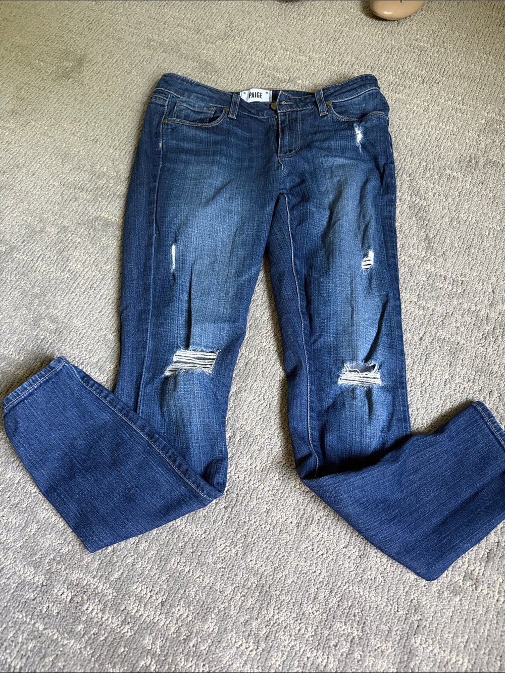 PAIGE Women's Medium-Dark Blue Straight Leg Distressed Jeans